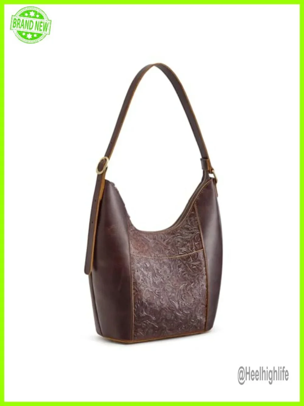 Full Grain Leather Hobo Bag Rose Pattern Adjustable Strap Multi Pocket Fits
